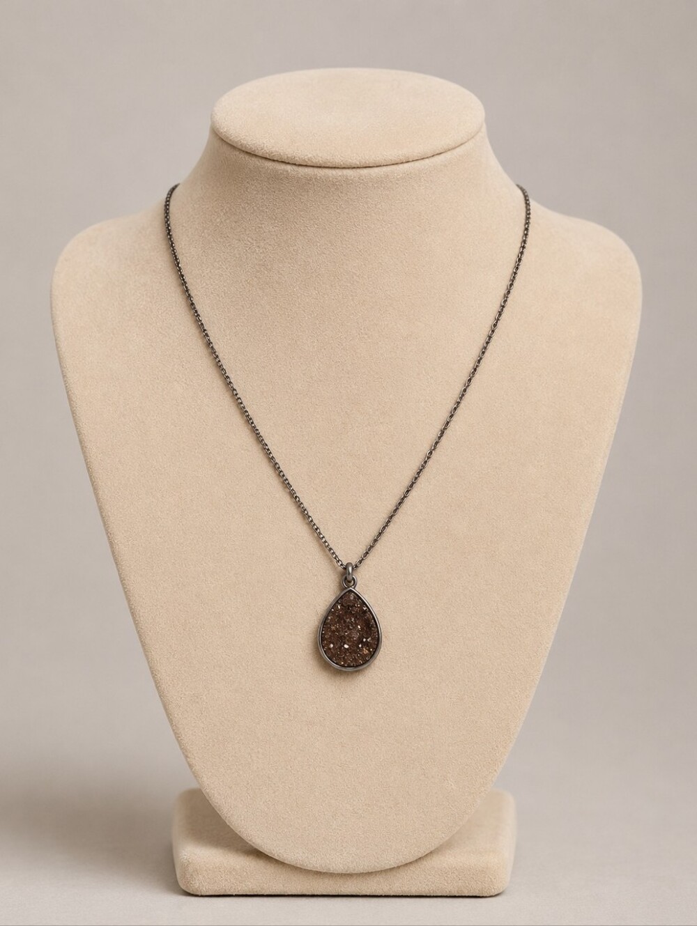 Druzy Teardrop Geode Pendant Necklace Brown Silver Boho Earth Sparkle Whimsigoth
